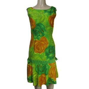 VTG 60s 70s ALICE HAWAIIAN Tropical Luau Mod Green Floral DROP WAIST Dress M